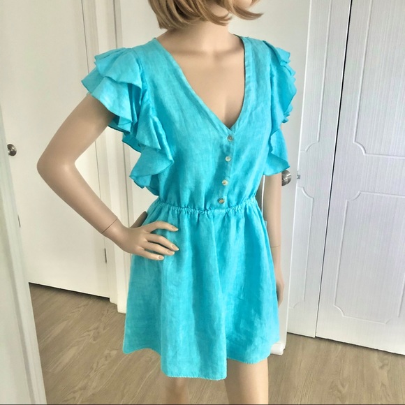 On The Road Dresses & Skirts - On the Road Aquamarine Linen Ruffle Dress